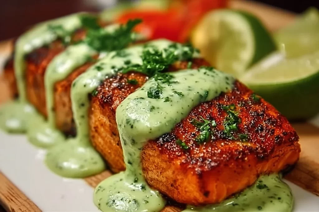 Baked Cajun Salmon served with creamy avocado lime sauce on a plate.