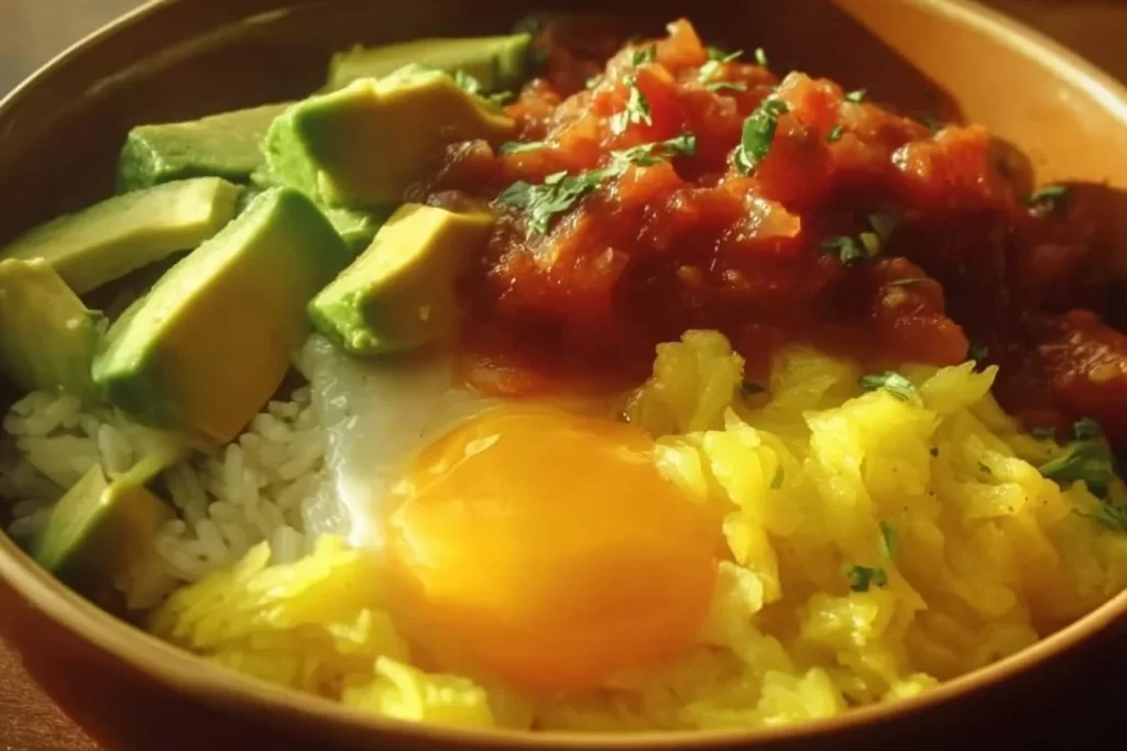 Delicious breakfast burrito bowl with eggs, veggies, and salsa
