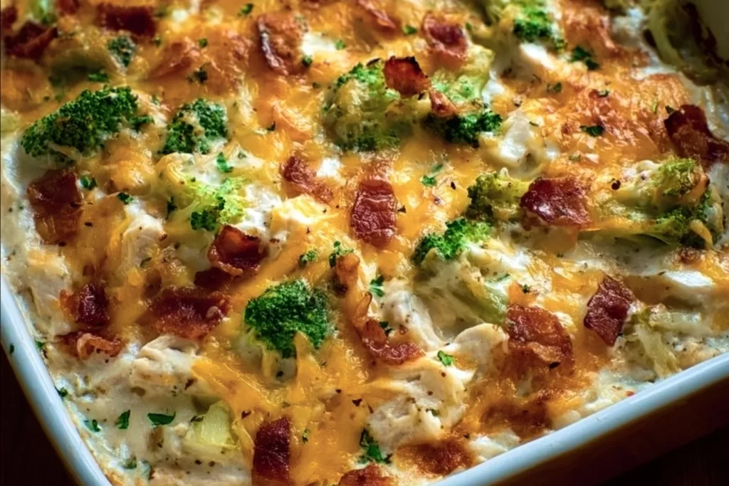 Creamy low carb chicken casserole garnished with herbs in a baking dish.