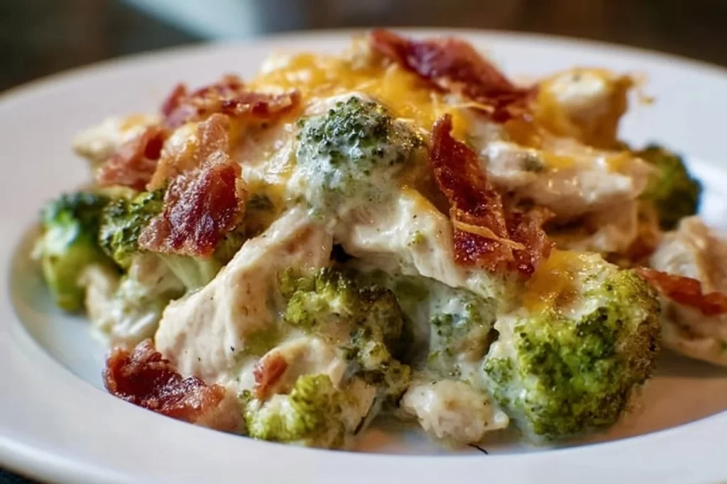 Creamy low carb chicken casserole with broccoli and bacon