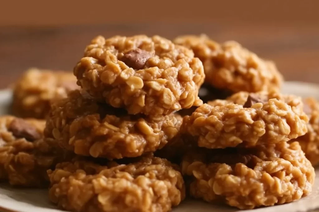 Delicious easy no-bake peanut butter cookies on a plate.