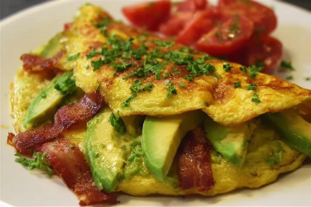 Keto avocado and bacon stuffed omelette on a plate