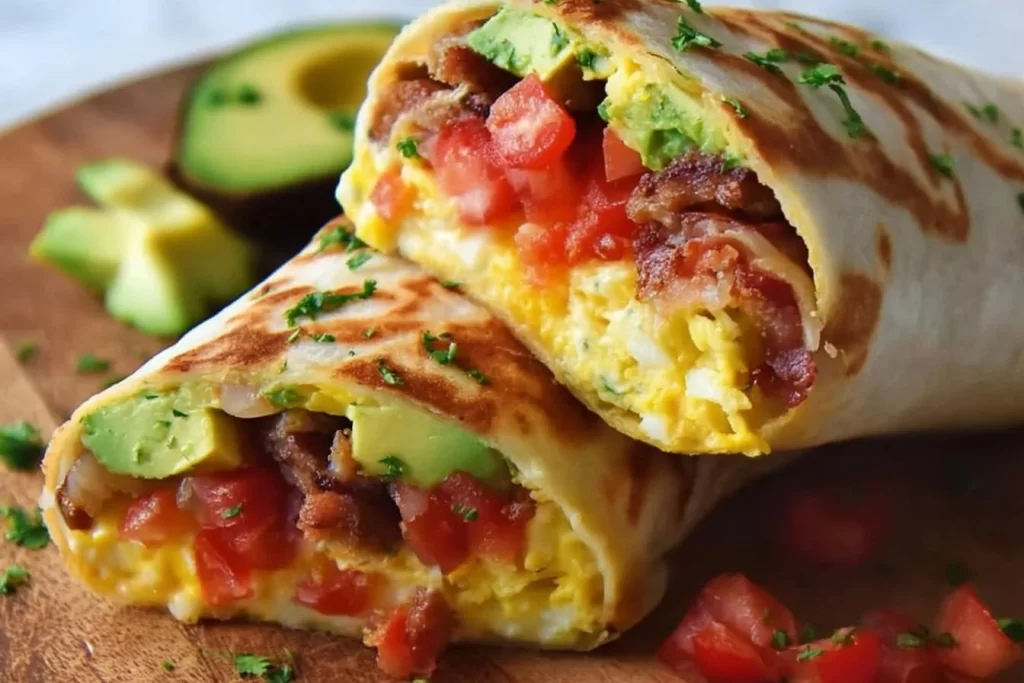 Delicious Keto Breakfast Burrito with eggs, cheese, and avocado