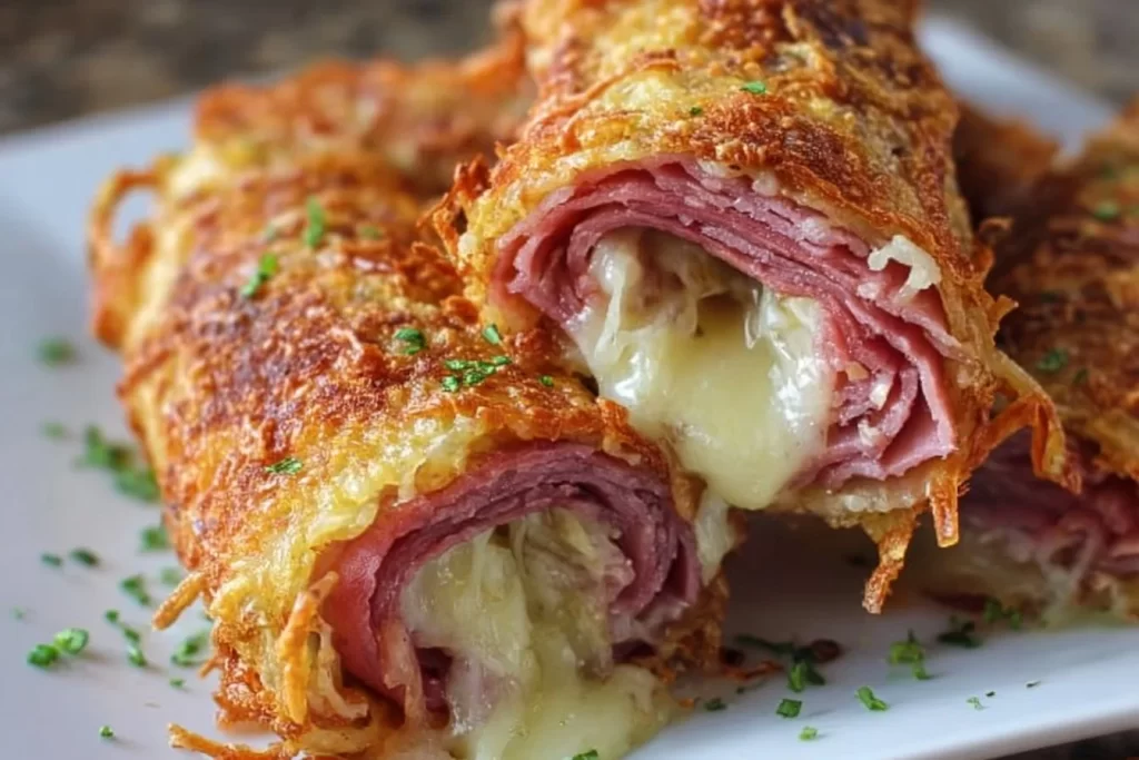Crispy keto Reuben Roll-Ups served on a platter with pickles