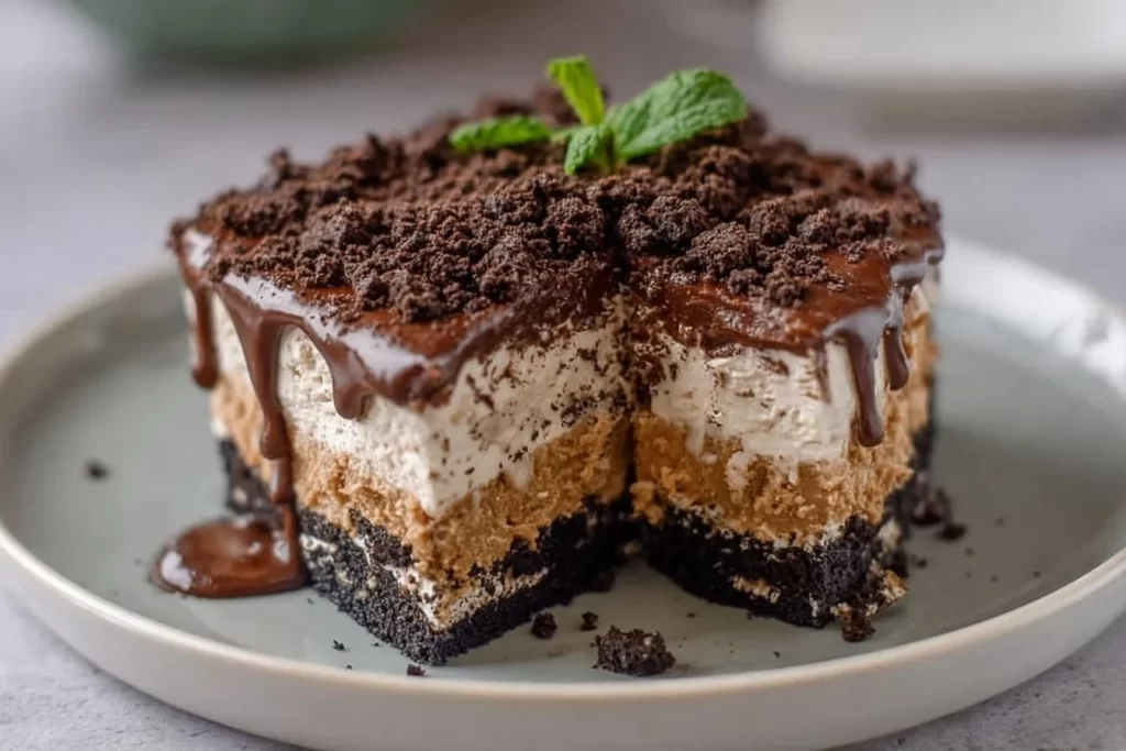 Delicious Keto Dirt Cake with a rich chocolate and creamy texture