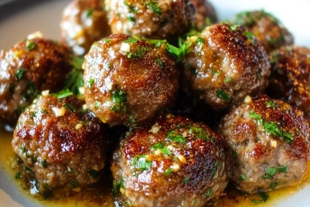 Keto garlic butter meatballs served in a bowl with herbs and garnish