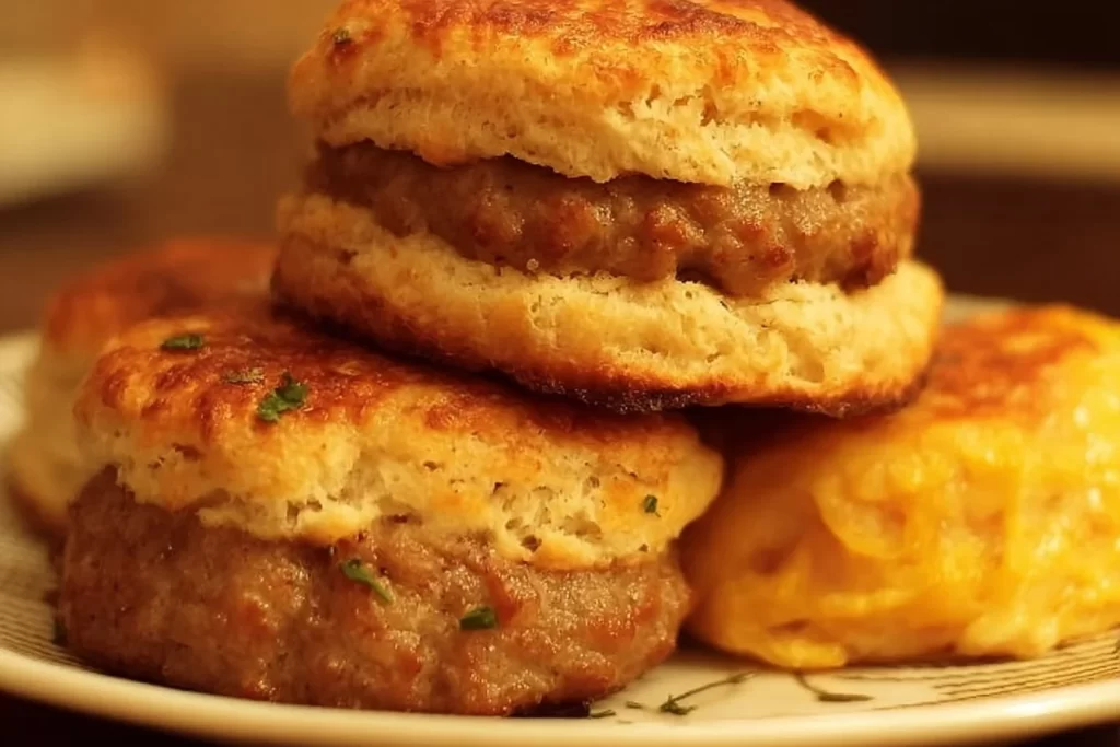 Keto sausage and biscuits served on a plate for a low-carb breakfast.