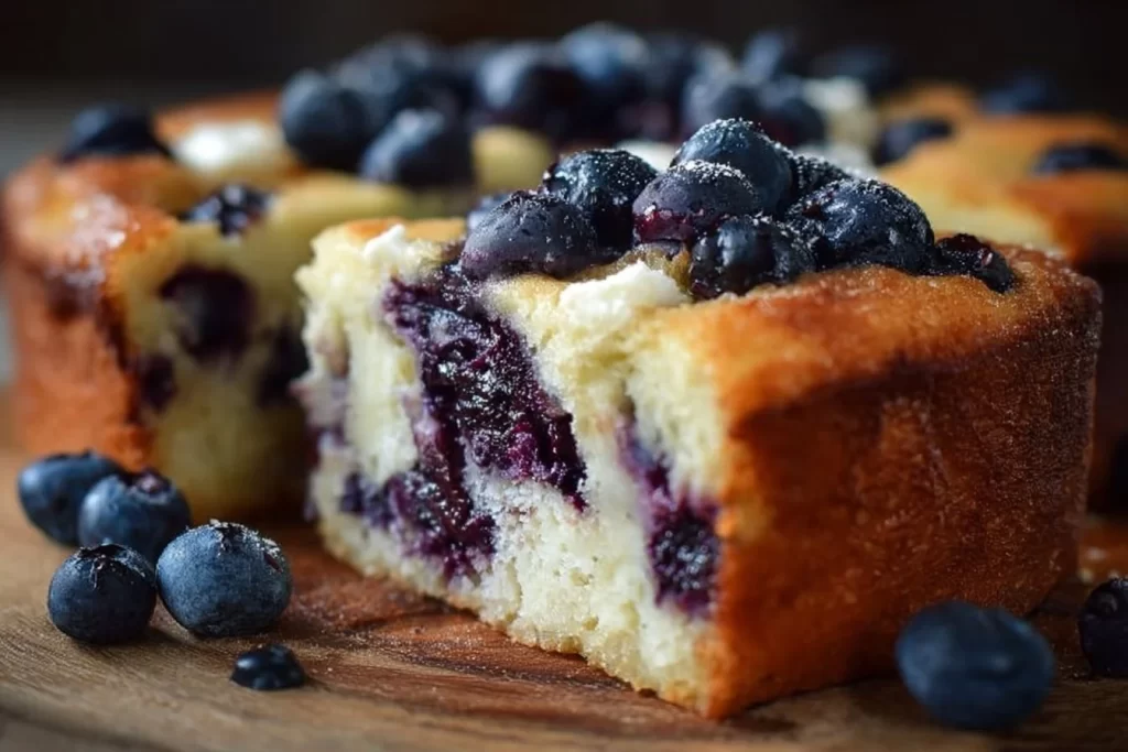 A slice of low carb blueberry butter cake topped with fresh blueberries