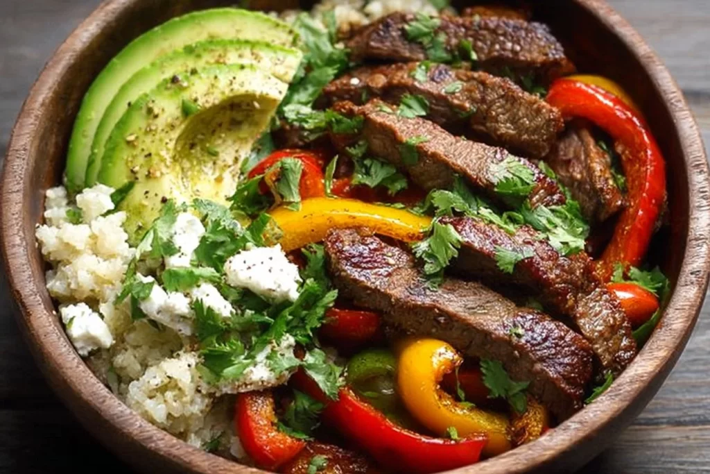 Low carb steak fajita bowl with vibrant veggies and tender steak