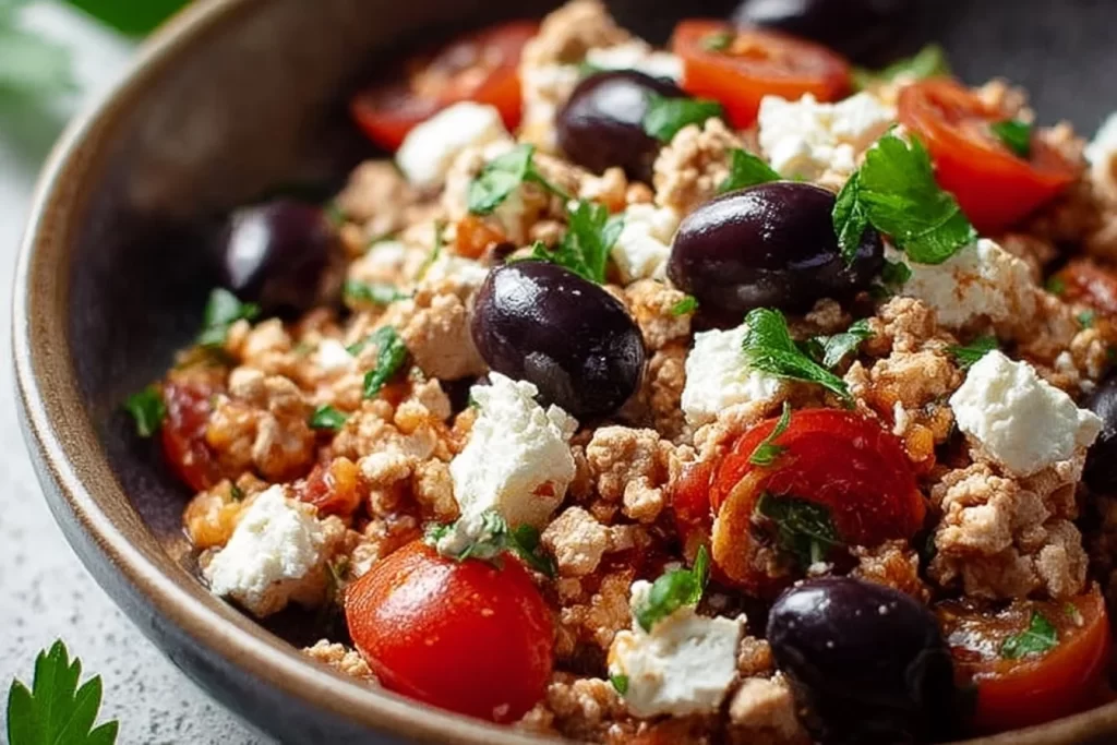 Mediterranean Keto Skillet featuring ground chicken, olives, and feta cheese