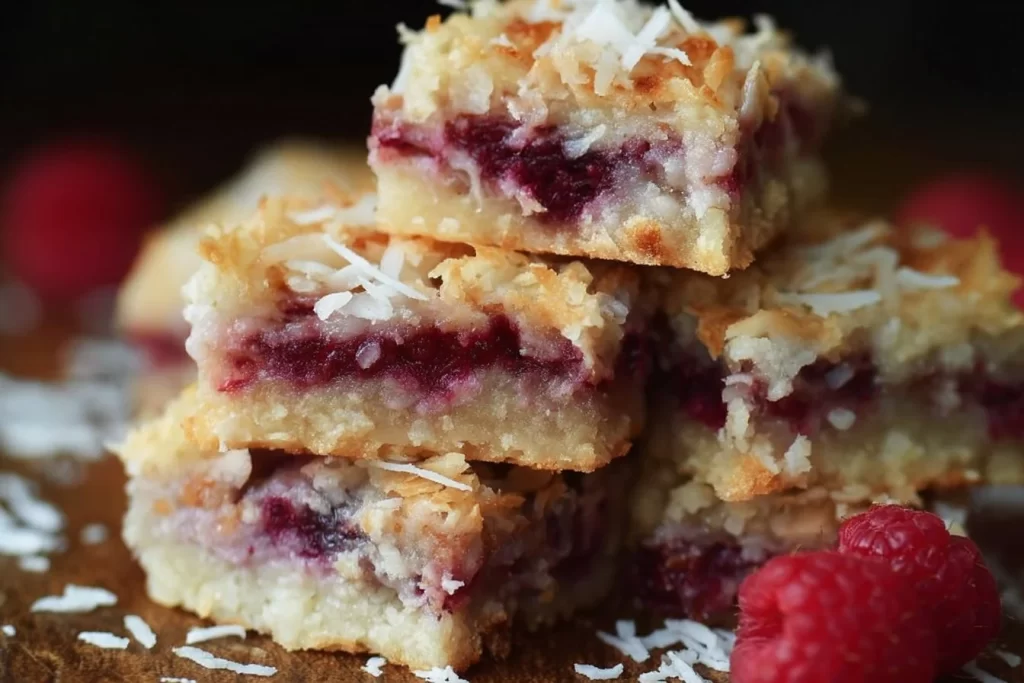 Delicious homemade Raspberry Coconut Bars displayed on a plate