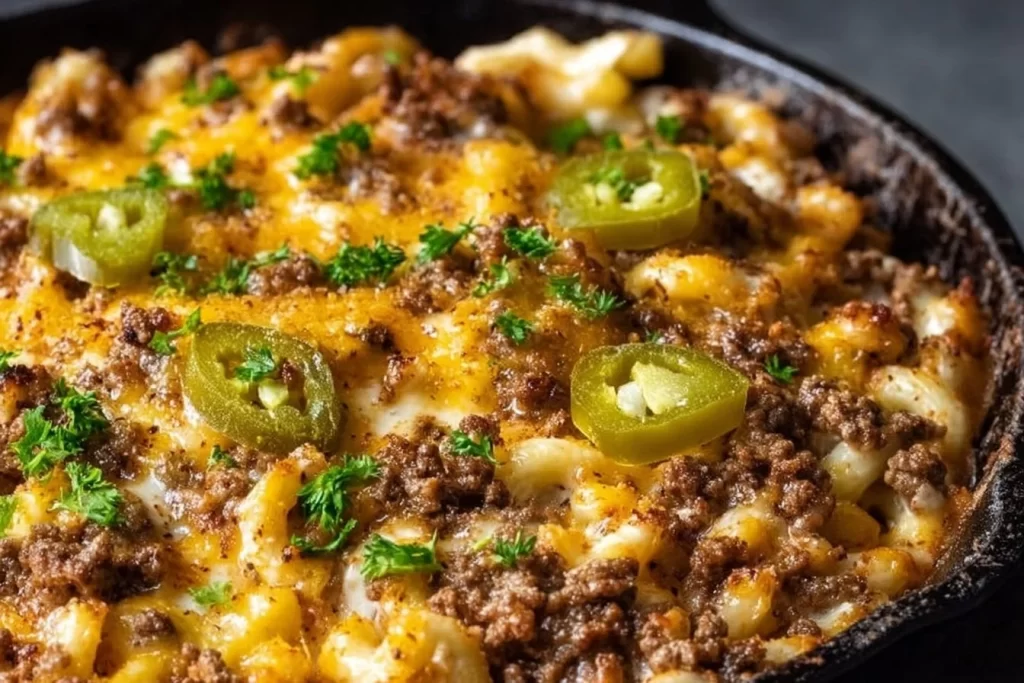 Delicious Keto Smashburger Mac Skillet served in a skillet