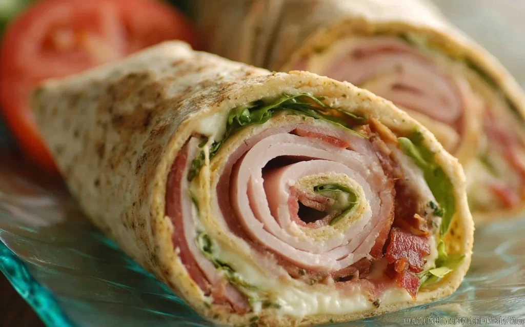Low carb turkey roll-up filled with vegetables on a plate