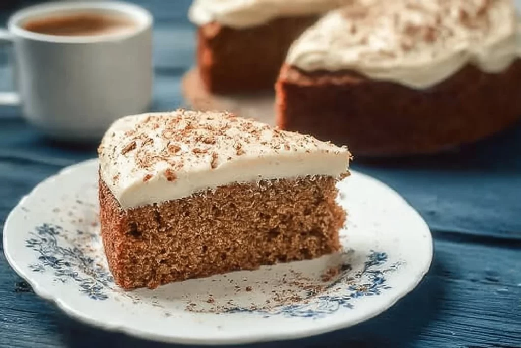 Delicious Keto Spice Cake topped with cream cheese frosting on a plate
