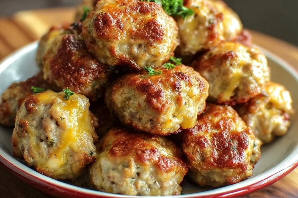 Plate of 30-minute keto sausage balls served with dip.