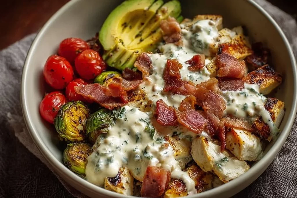 Delicious Chicken Bacon Ranch Keto Bowl topped with crispy bacon and fresh ingredients