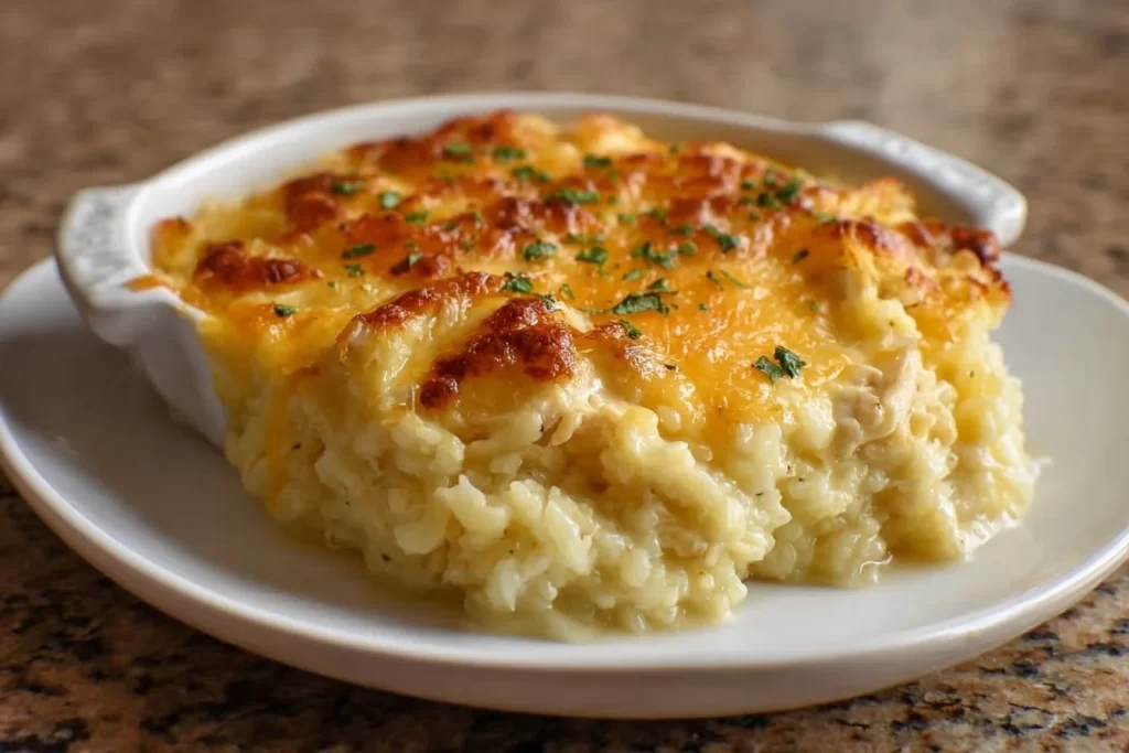 Creamy chicken cauliflower rice casserole topped with cheese and fresh herbs