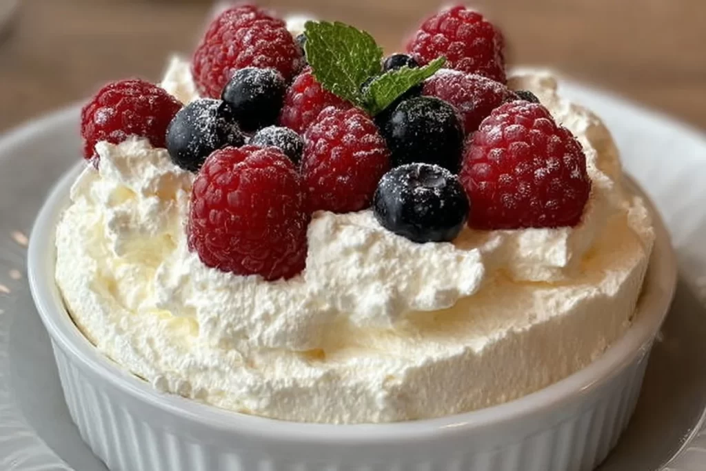 Easy Keto Cheesecake Fluff dessert in a bowl with strawberries on top.