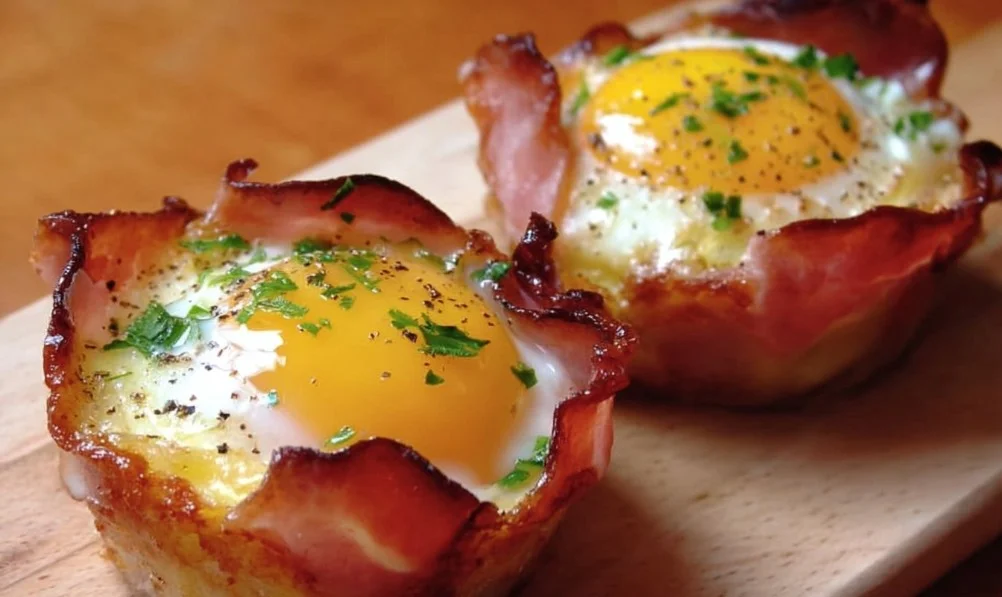 Baked ham and cheese egg cups in a muffin tin, perfect for breakfast.
