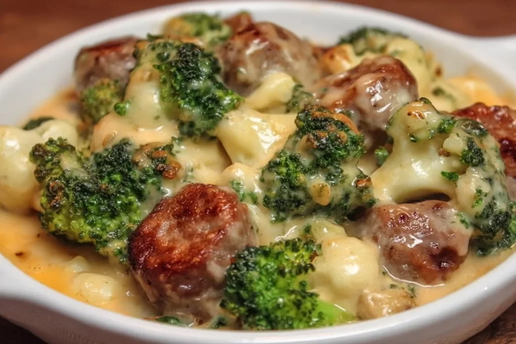 Keto Broccoli and Cauliflower Au Gratin with Sausage served in a dish