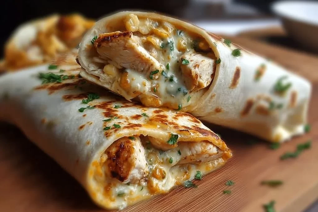 Keto Cheesy Garlic Chicken Wraps with melted cheese and garlic sauce