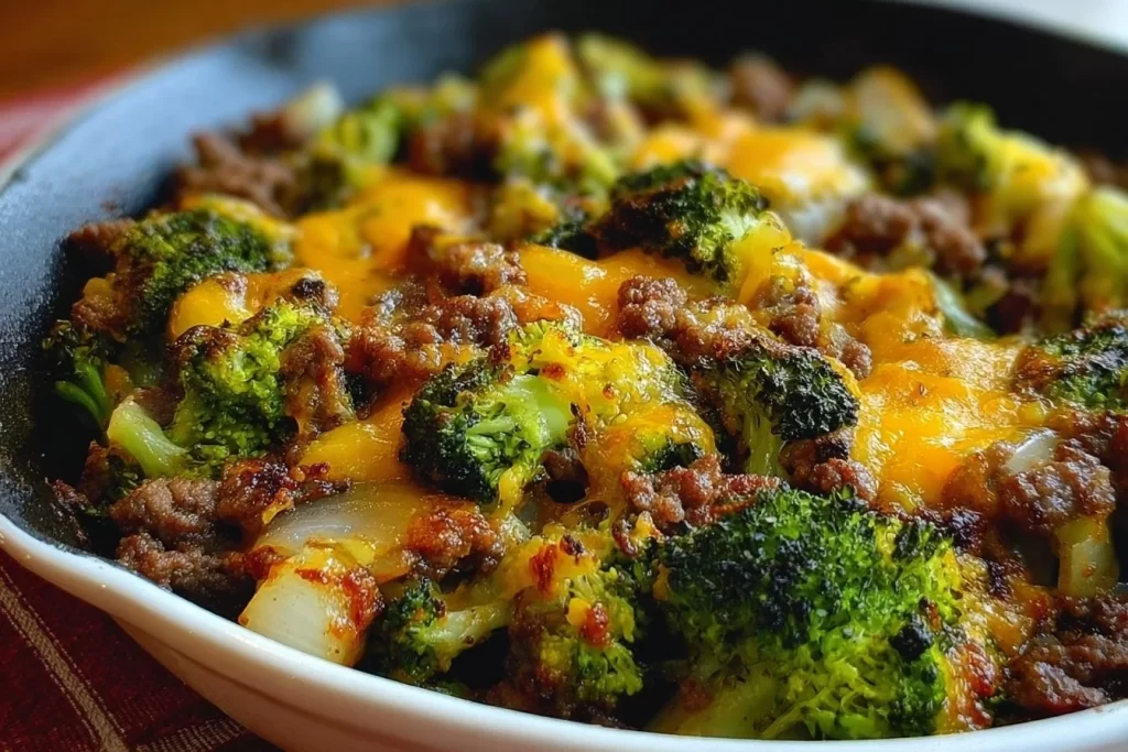 Keto Hamburger Broccoli Skillet dish served in a pan