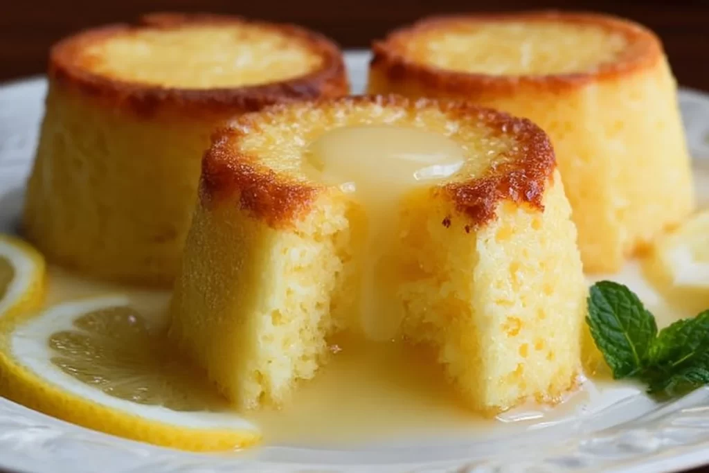 Delicious Keto Lemon Pudding Cakes served with fresh lemon slices and mint.