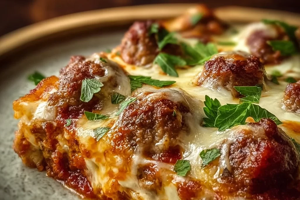 Keto Meatball Parmesan Casserole topped with melting cheese and herbs