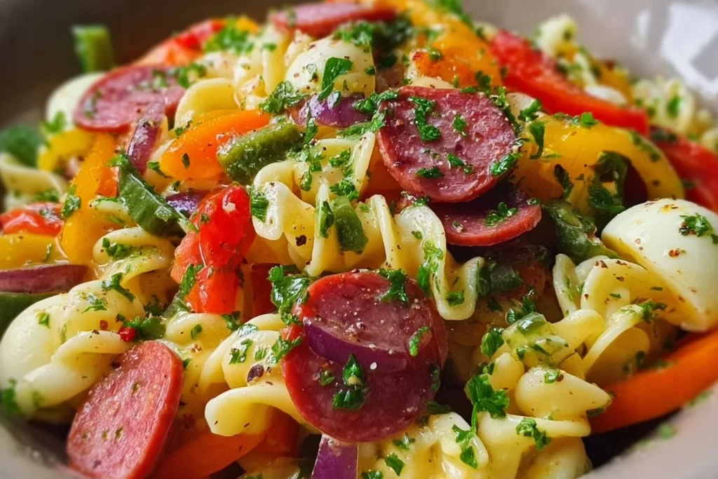 Delicious Keto Pasta Salad made with low-carb ingredients and no traditional pasta