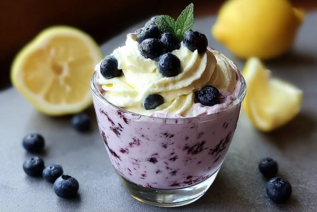 Lemon and Blueberry Keto Cheesecake Fluff dessert in a bowl