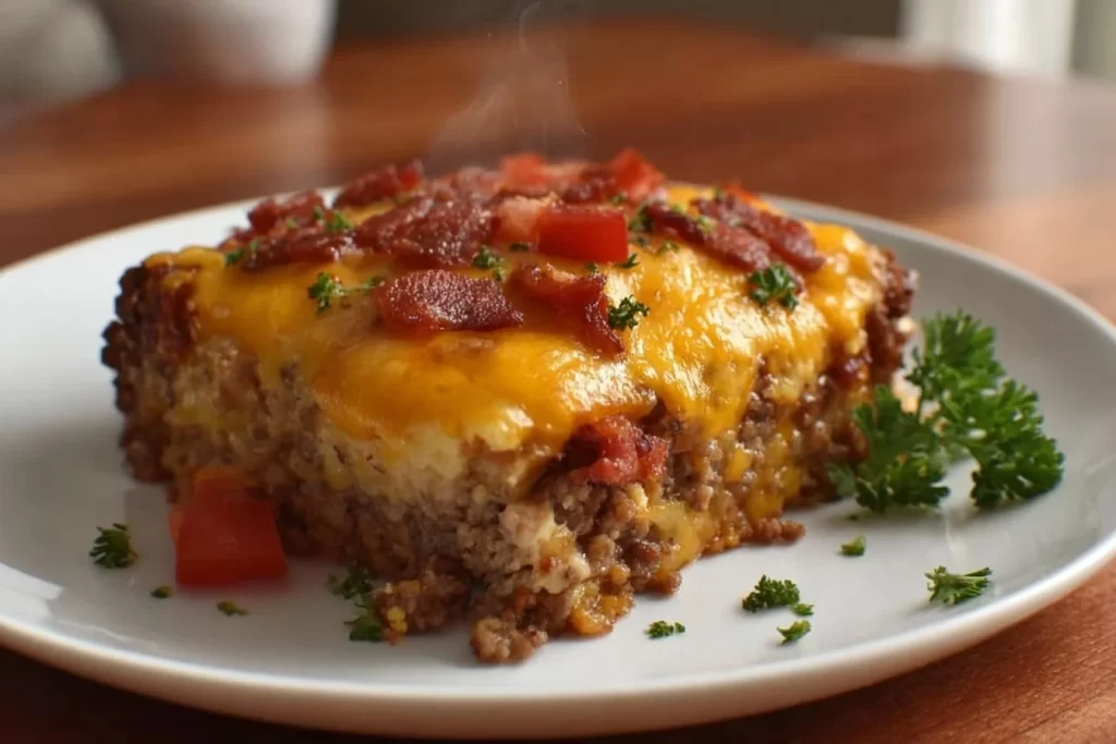 Delicious low carb bacon cheeseburger casserole served hot in a dish