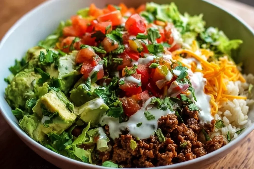 Low carb burrito bowl featuring fresh vegetables and lean protein.