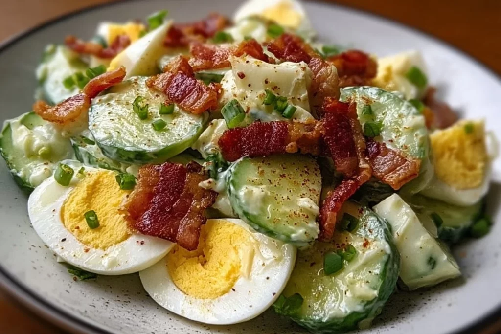 Low-carb cucumber egg salad with crispy bacon in a bowl
