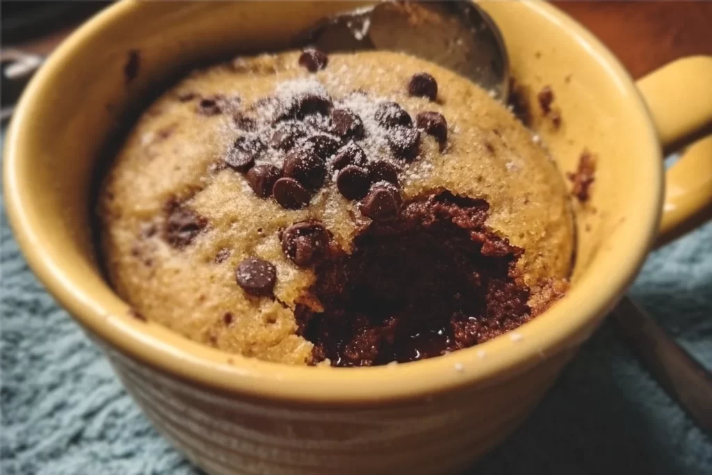 Delicious low carb mug cake topped with whipped cream and berries