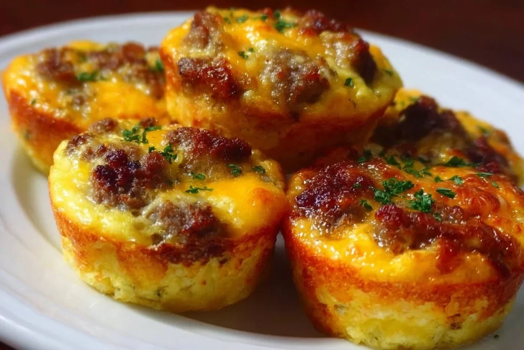 Low Carb Sausage Egg Muffins on a plate with herbs