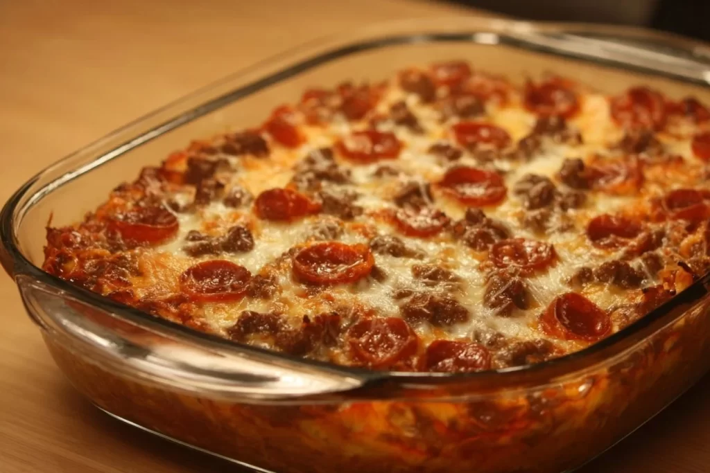 Delicious Meat Lovers Pizza Casserole packed with meats and cheese