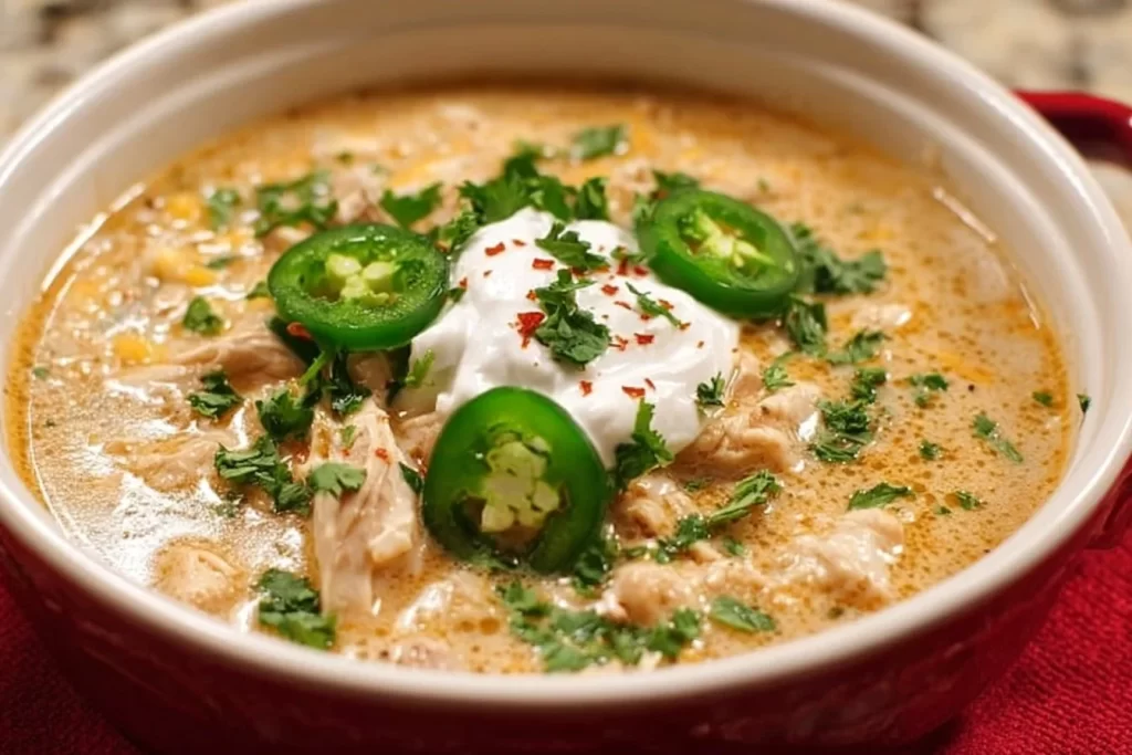 Bowl of Simple Keto White Chicken Chili topped with herbs