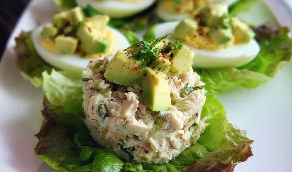 A bowl of fresh Avocado Tuna Egg Salad garnished with herbs.
