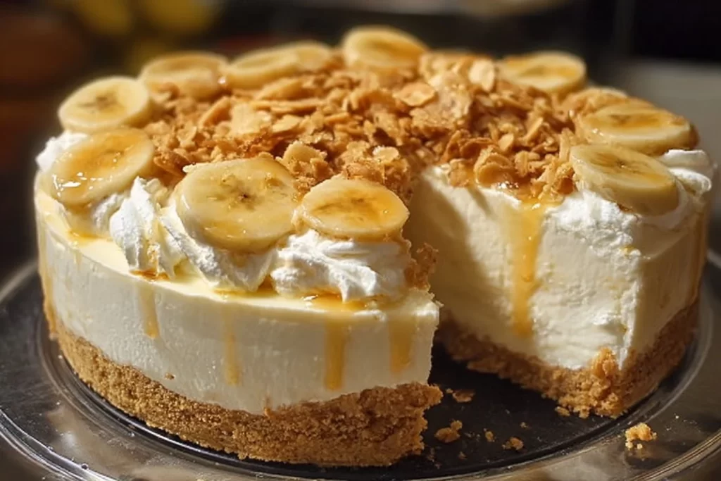 Delicious Banana Pudding Crunch Cheesecake topped with crunchy bits