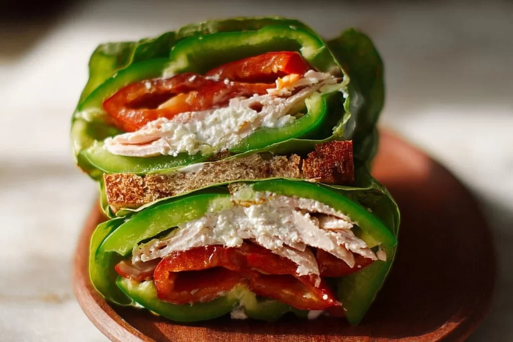 Delicious bell pepper sandwich with fresh vegetables and toppings