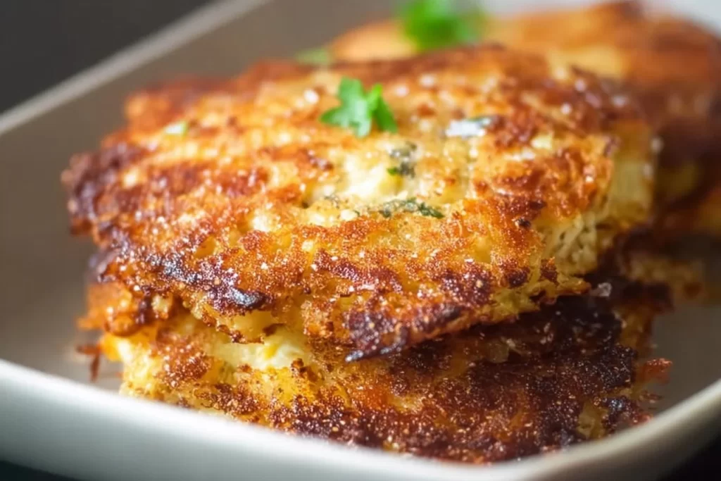 Crispy Cauliflower Hash Browns served with eggs and avocado on a plate