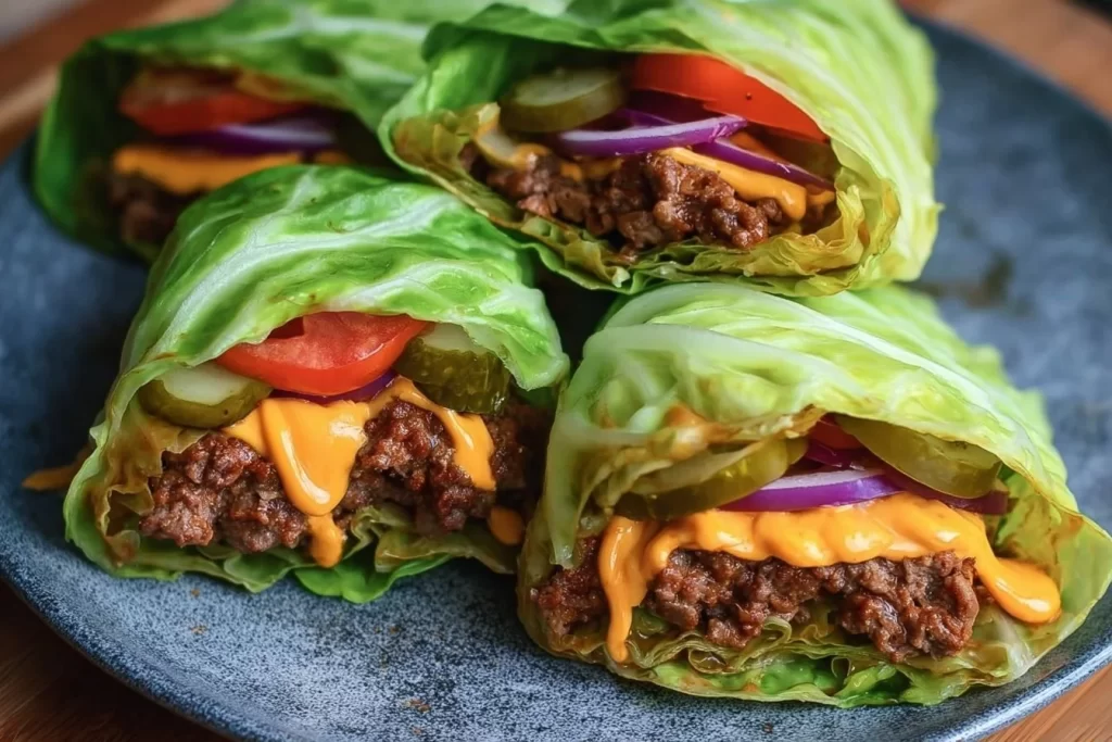 Delicious cheeseburger cabbage wraps with fresh ingredients