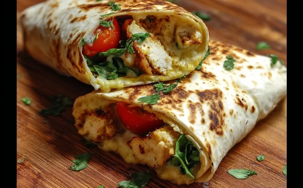 Delicious Cheesy Garlic Chicken Wraps filled with savory ingredients.
