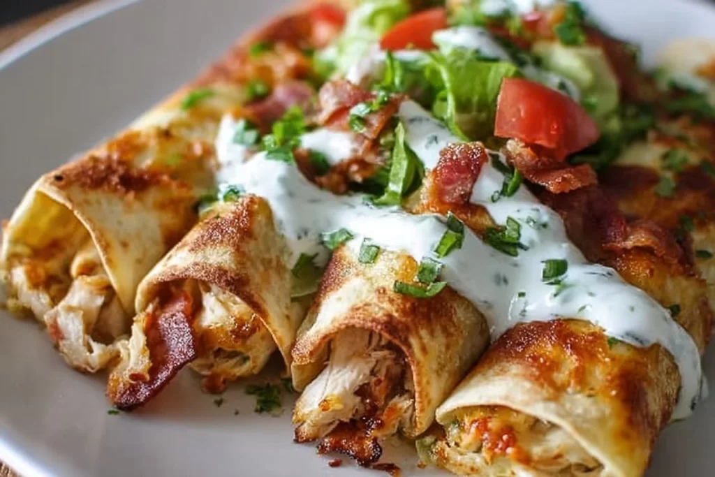 Deliciously crispy Chicken Bacon Ranch Taquitos served on a plate.
