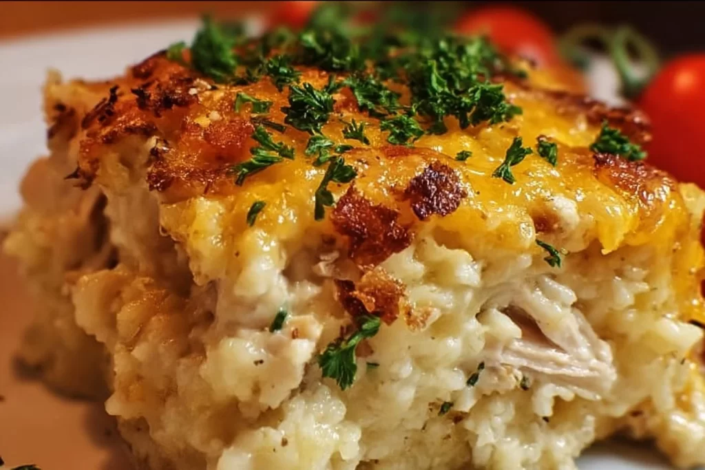 Delicious Chicken Cauliflower Rice Casserole served in a baking dish.