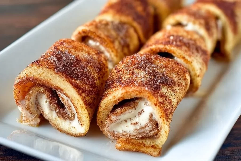 Crispy Keto Cinnamon Cream Cheese Roll Ups on a plate, topped with cinnamon