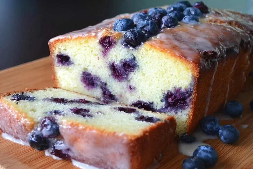 Slice of keto blueberry bread on a plate with fresh blueberries