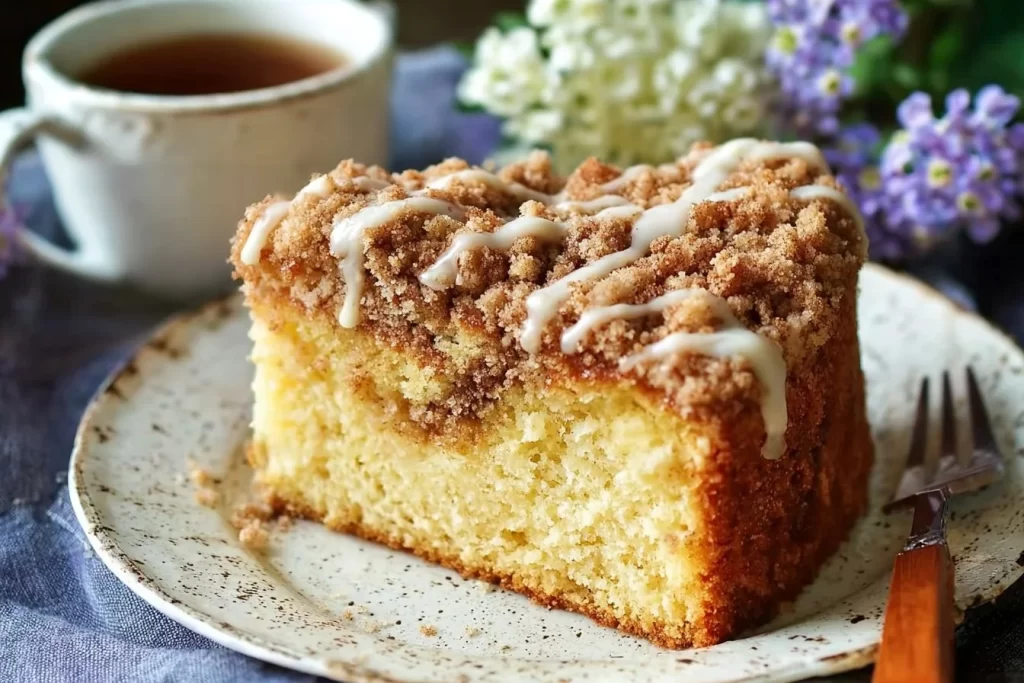Delicious easy keto coffee cake on a plate with coffee
