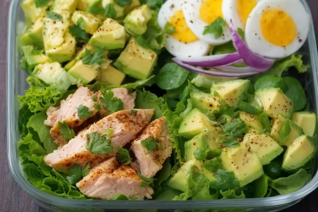 A selection of easy keto lunch ideas including salads and wraps.