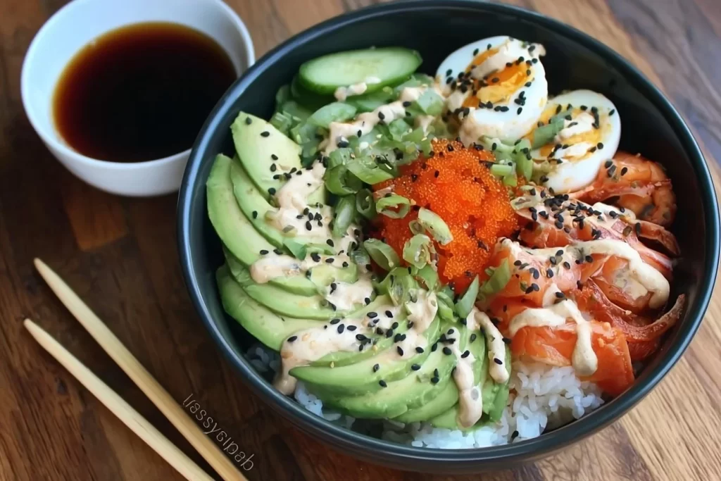 Colorful easy sushi bowls with fresh ingredients ready to eat